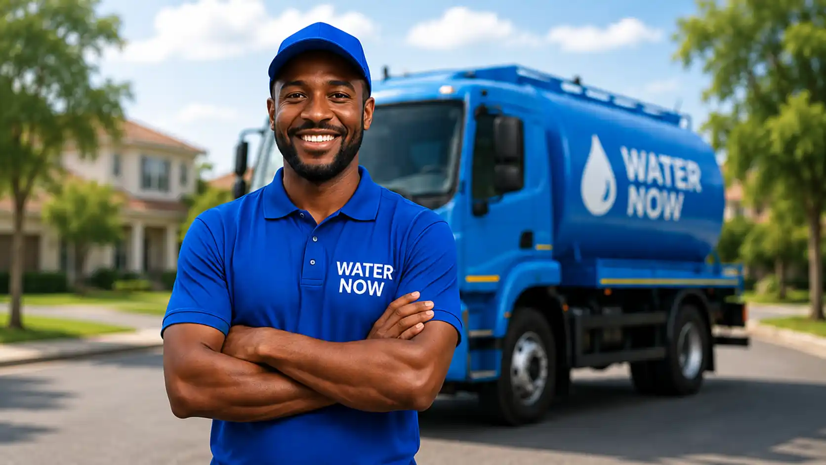 A smiling Water Now delivery driver standing in front of a water truck