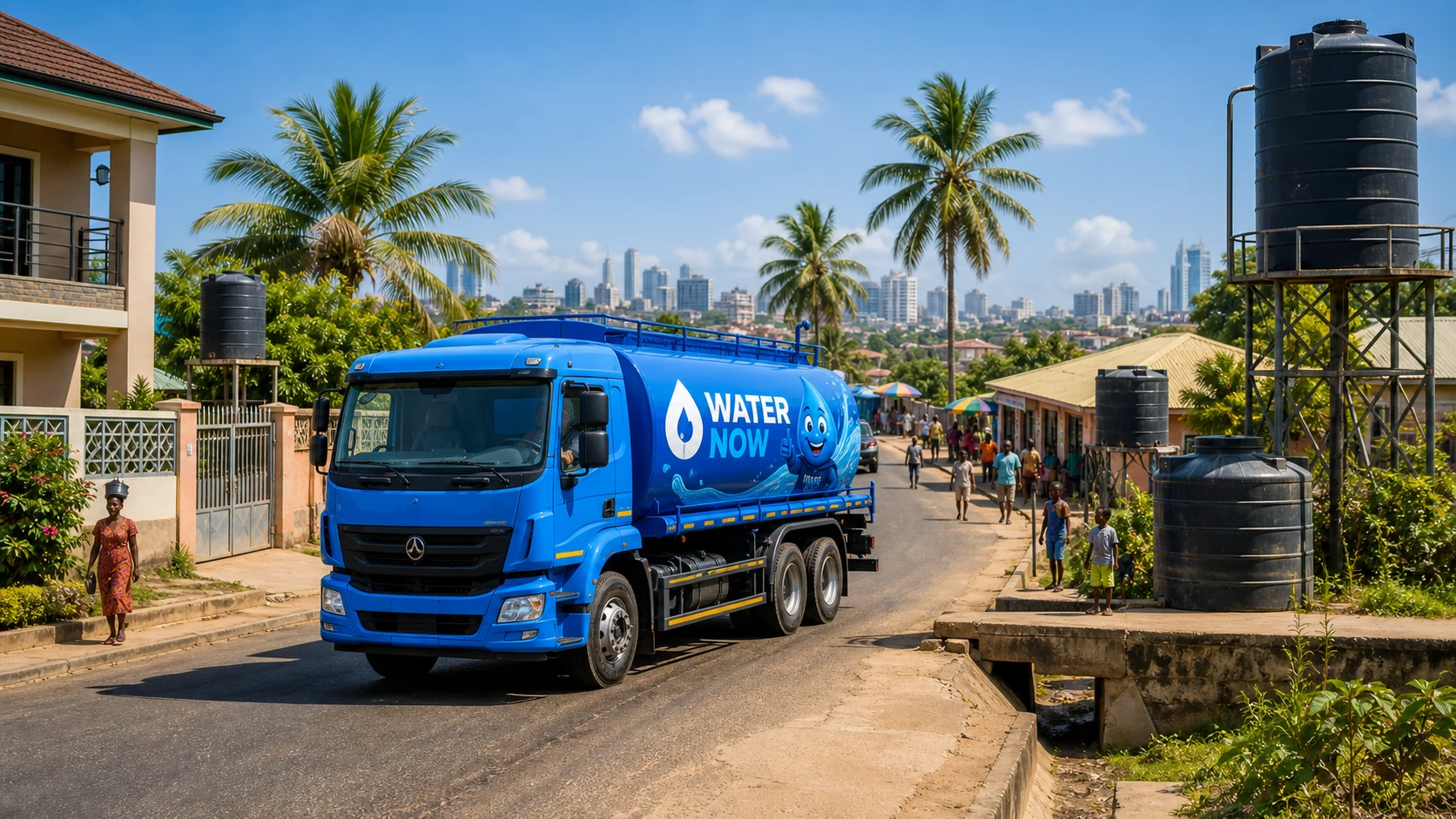 A bulk water tanker travelling through a Ghanaian community with household storage tanks
