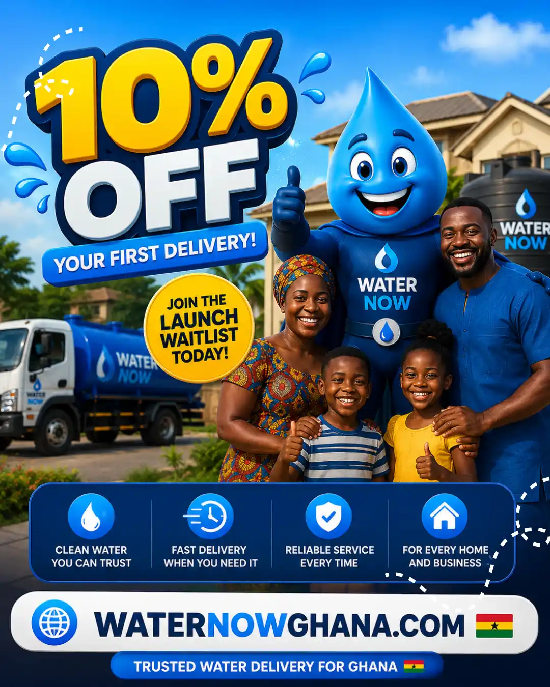 Water Now launch offer with Hydro Hero, a Ghanaian family, water tanker and household storage tank