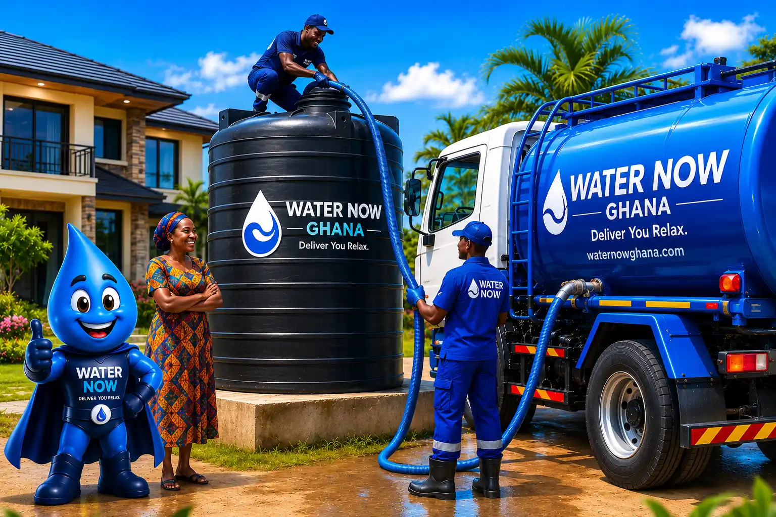 Water Now delivery team serving homes and businesses in Ghana